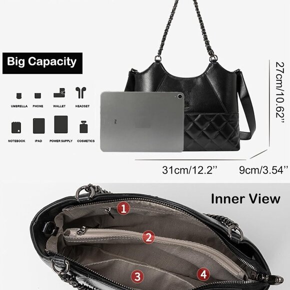 Women's Handbags Quilted Tote Bag for Women Handbags and Purses Black Purse Top - Picture 6 of 6